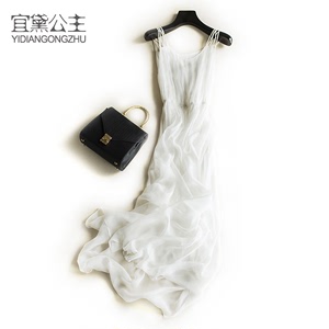 宜黛公主真丝连衣裙修身2023新款沙滩裙白色中长款长裙仙显瘦女装