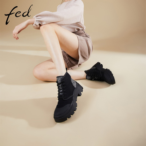 fed英伦风马丁靴冬季新款靴子黑色高级复古粗跟短靴女1117-YA523