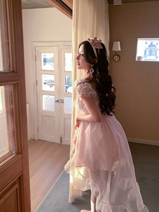 森女系原创想去海边城堡午后生日连衣裙甜美公主裙粉色网纱拖尾裙