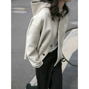 高端设计感灰色连帽韩版呢子大衣女秋冬季小个子斗篷短款毛呢外套